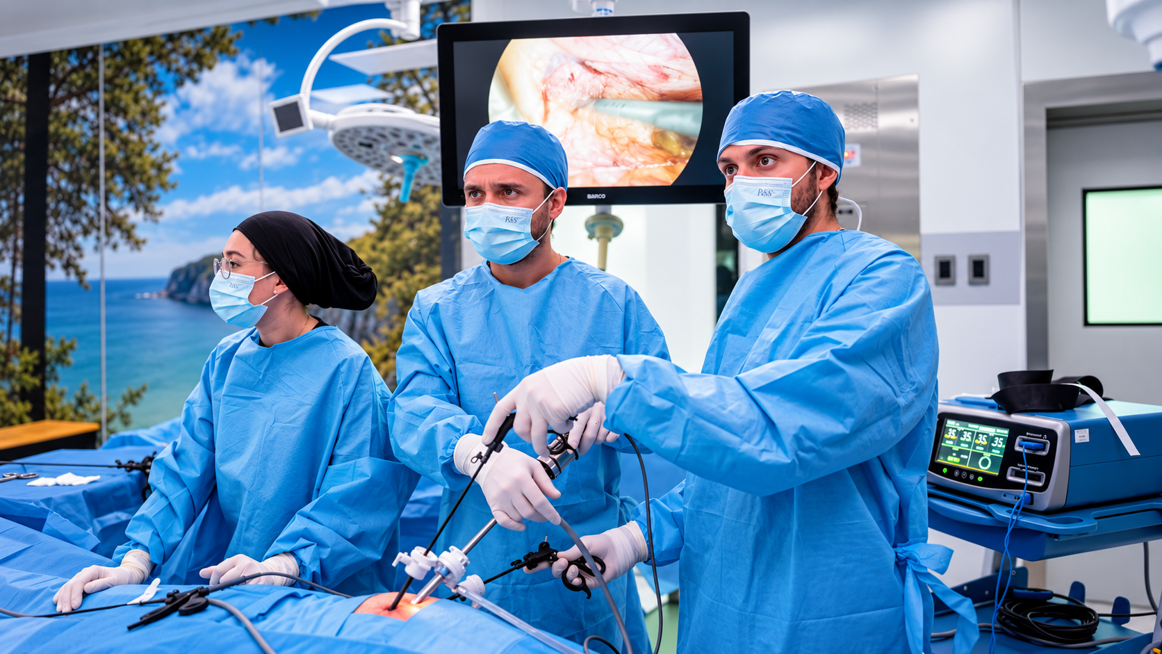 Dr. Javier Maciel realizando una cirugía laparoscópica en quirófano